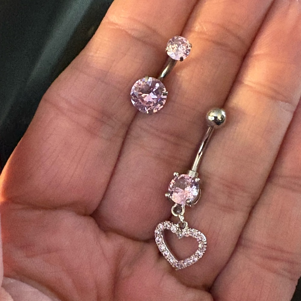 Belly Ring- 2 Pink Copper silver tone Heart Shaped dangling  Belly Ring Piercing